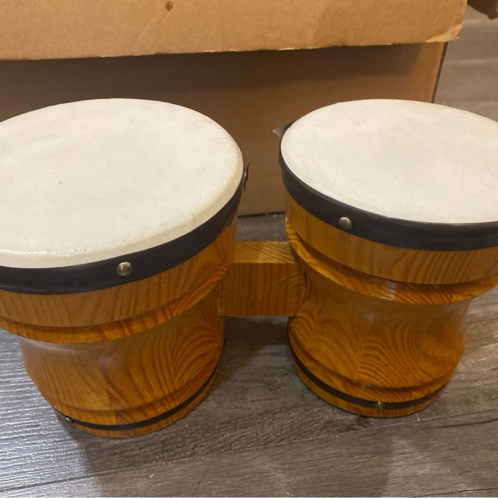 Vintage 1960s Small Wood & Stretched Leather Double Bongo Lap Drums
